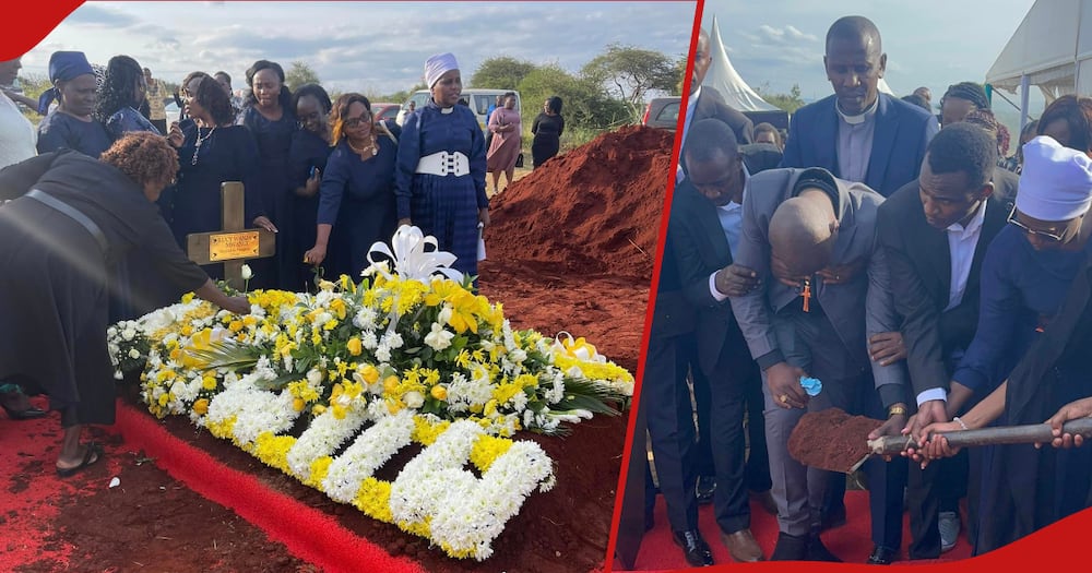 Lucy Wanja's grave and next frame shows apostle John Paul looking overwhelmed.