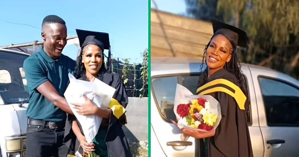 A TikTok video shows a taxi driver boyfriend giving his bae flowers on graduation day.