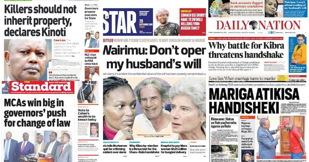 Kenyan newspapers review for Friday 20: Sarah Wairimu refuses to attend Tob Cohen's will reading