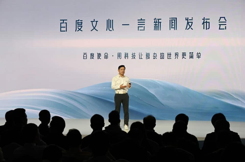 Baidu co-founder and CEO Robin Li speaks at the unveiling of Ernie Bot