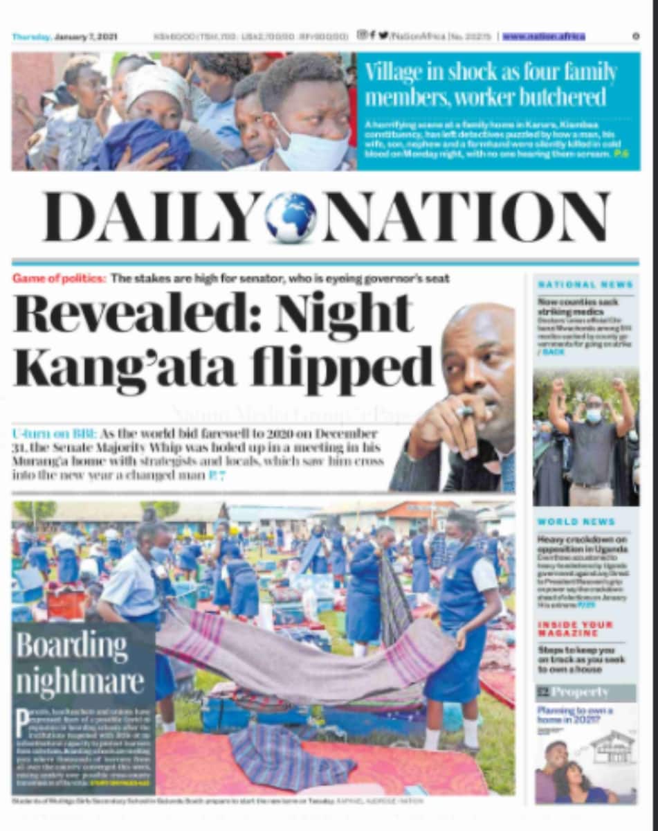 Newspapers review for January 7: Locals, strategists warned Irungu Kang'ata against opposing Ruto in Murang'a