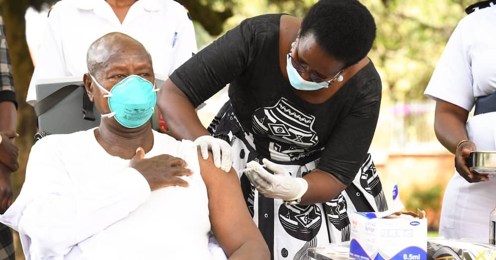Ugandan President Yoweri Museveni taking his second shot of the AstraZeneca Vaccine. Over 800 people in Uganda have been vaccinated with fake COVID-19 jabs. Photo: MoH, Uganda.