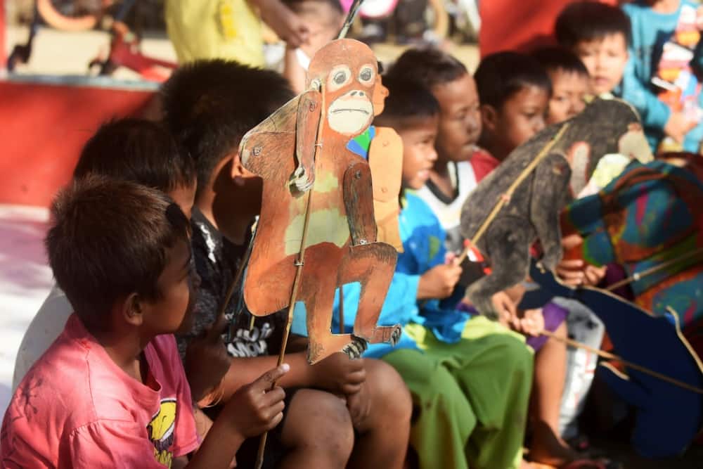 Indonesian children mimic animals using cardboard puppets as they learn about the importance of protecting the forest and its unique wildlife