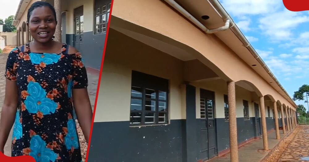 Ugandan woman shows off her community school.