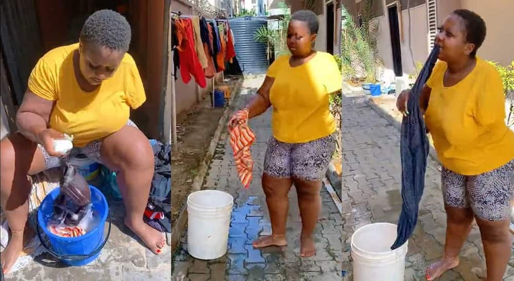 Photos of a lady washing with one hand.