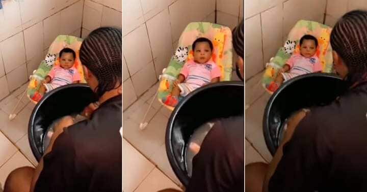 Funny dad teaches baby how to wash clothes