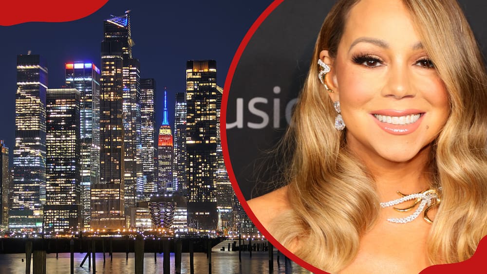 An image of the Empire State Building in New York City (L) and a photo of a famous singer and songwriter living in NYC, Mariah Carey (R).