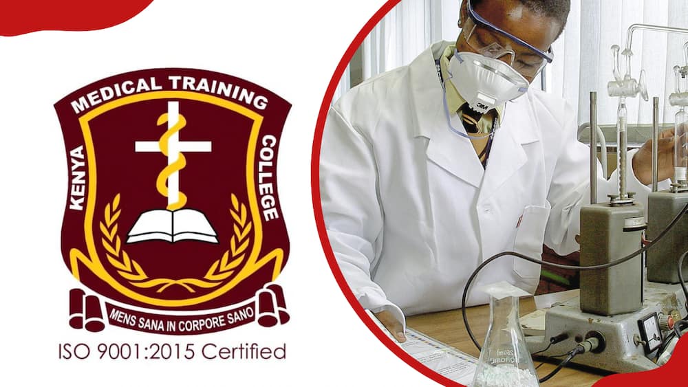 The KMTC logo and a man doing a science experiment