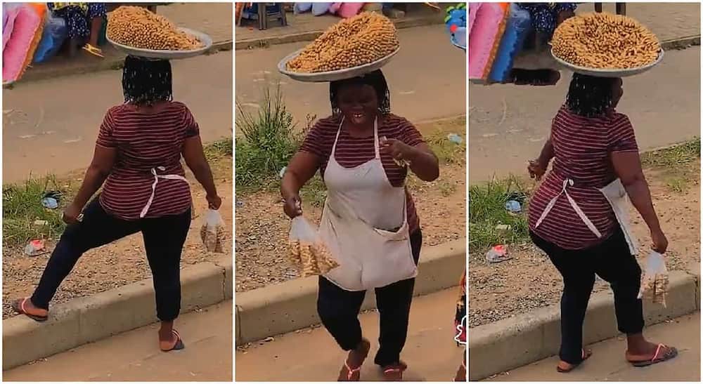 Photos of a lady dancing with a tray of groundnut on her head. Photo credit: TikTok/@ndd4rius90 and @jusbouteshop.
