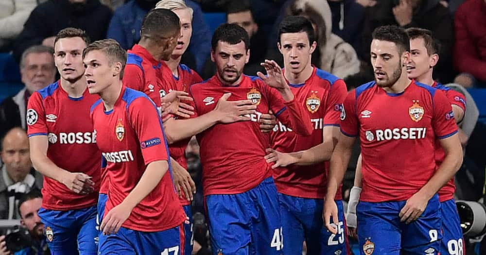 CSKA Moscow celebrate during the UEFA Champions League group G against Real Madrid at the Santiago Bernabeu stadium in Madrid on December 12, 2018. (Photo by JAVIER SORIANO / AFP).