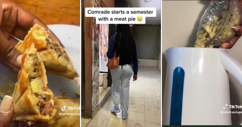 Un estudiante universitario cocina carne con una tetera eléctrica y una tostadora