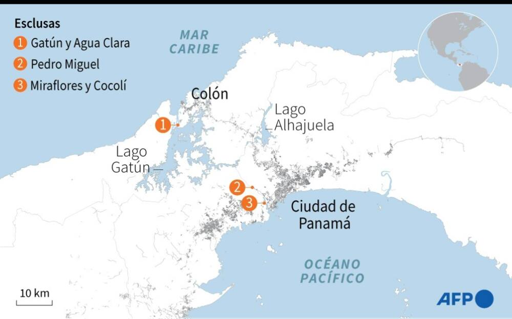 A map of Panama and the Gatun and Alhajuela lakes that supply the Panama Canal