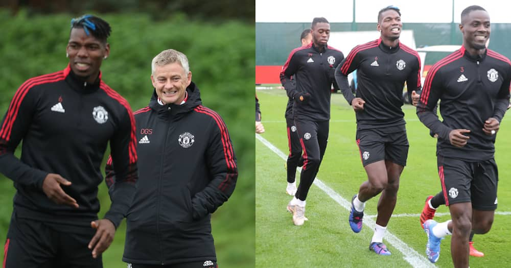 Aaron Wan-Bissaka, Paul Pogba, Eric Bailly of Manchester United in action during a first-team training session at Carrington Training Ground on October 13, 2021 in Manchester, England. (Photo by Tom Purslow/Tom Purslow)