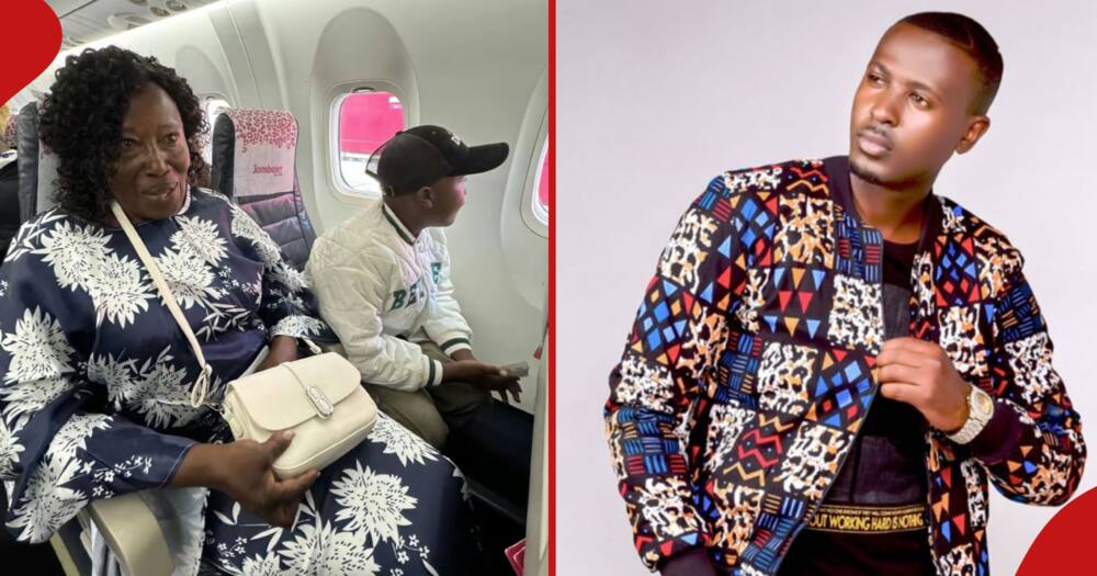 Obidan Dela (right) rocking a colourful jacket, Brian Chira’s grandmother and cousin in an airplane (left)