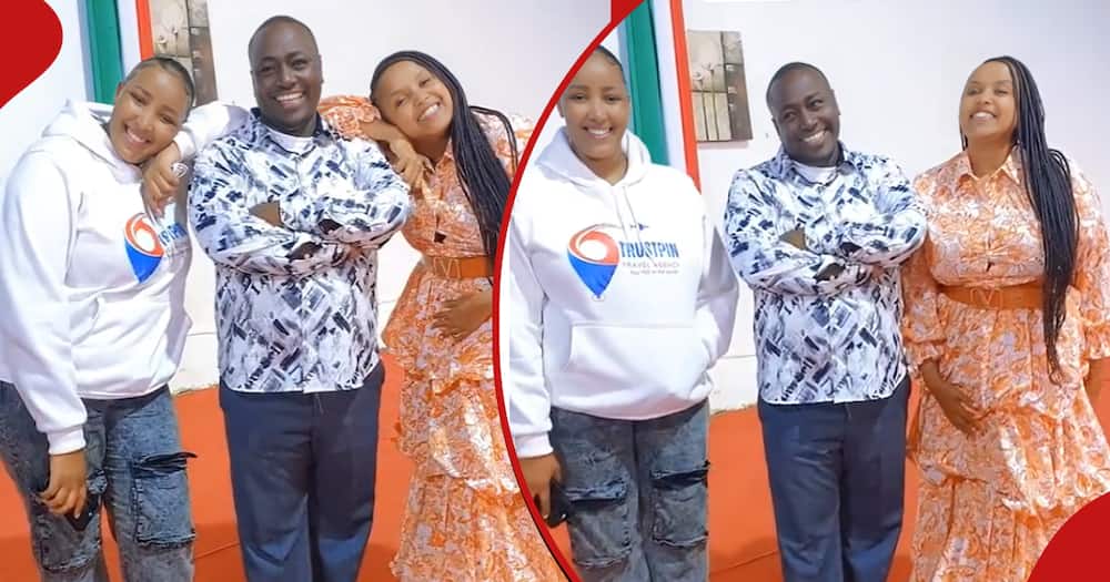 Pastor Kanyari poses for photos Rish Kamunge (in white hoodie), Faith Peters in colourful dress) at his church.
