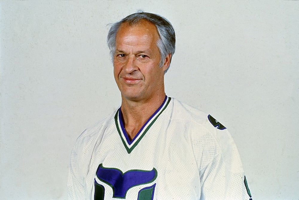 Gordie Howe #9 of the Hartford Whalers poses for a portrait