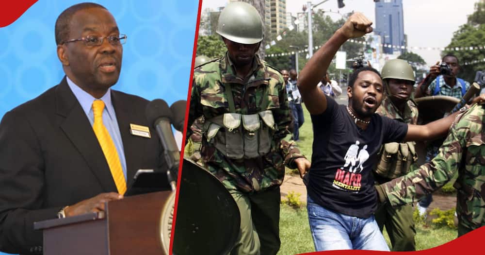 EX-CJ Willy Mutunga (l) and Boniface Mwangi being arrested in the past (r)