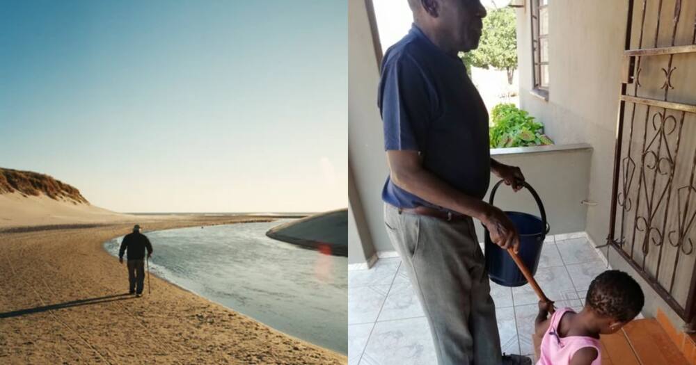 Pic of adorable toddler helping her blind grandpa walk goes viral