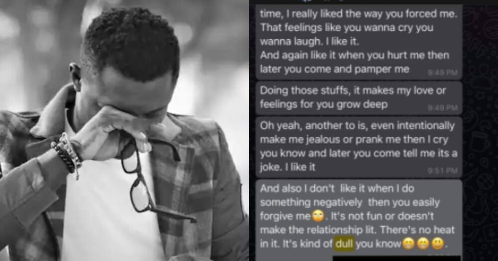 Man Shares Screenshot of Girlfriend Complaining He Does Not Hurt Her Anymore