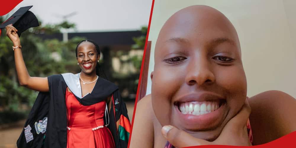 Left: An overjoyed Marietta Mbonye on her graduation day.
Right: Marietta poses for a photo during her cancer days.