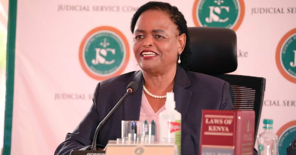 Court of Appeal judge Martha Koome appearing before the Judicial Service Commission (JSC) to interview for the Chief Justice position. Photo: JSC.
