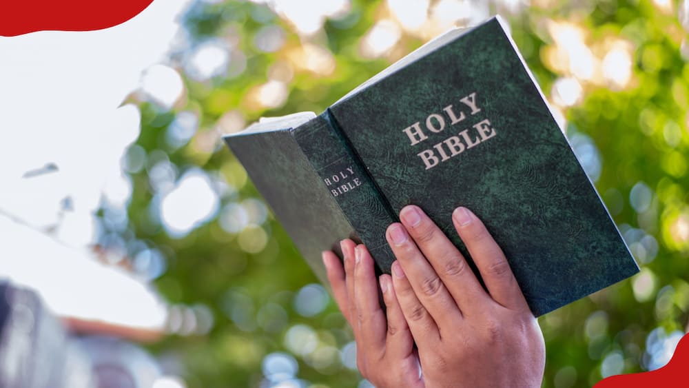 A person is holding an open Bible