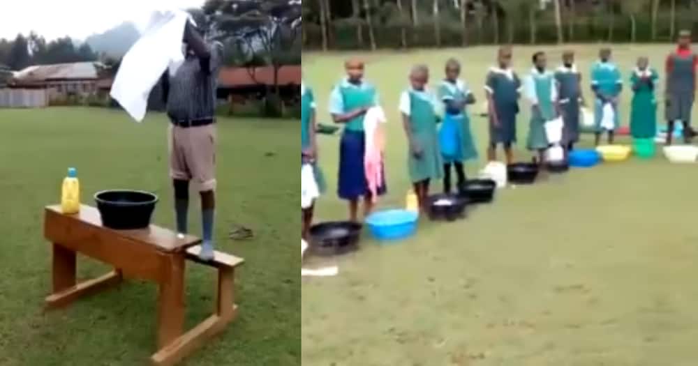 He went viral for teaching his students how to wash a white shirt. Photo: A screenshot of video shared on NTV.