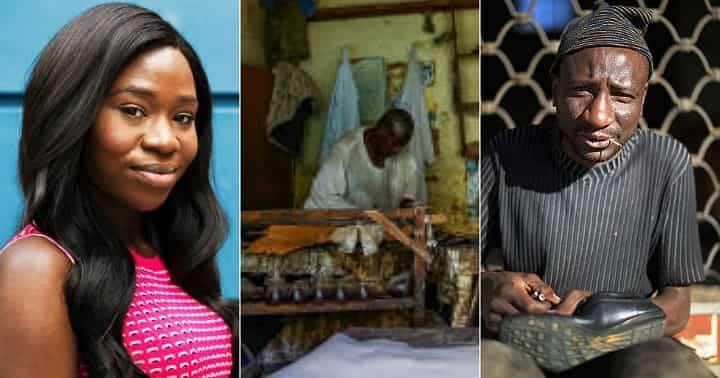 Nigerian lady gives garri, rice, to shoemaker