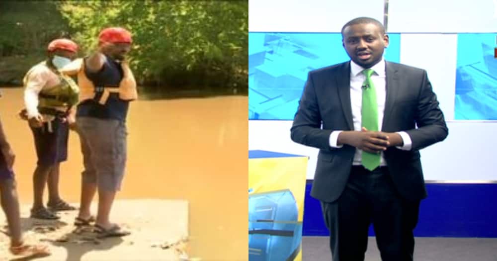 Ntv journalist Dann Mwangi jumps into Sagana River after 1 pm bulletin.