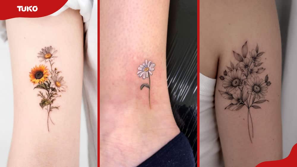 Pretty daisy flower tattoo on the arm and leg