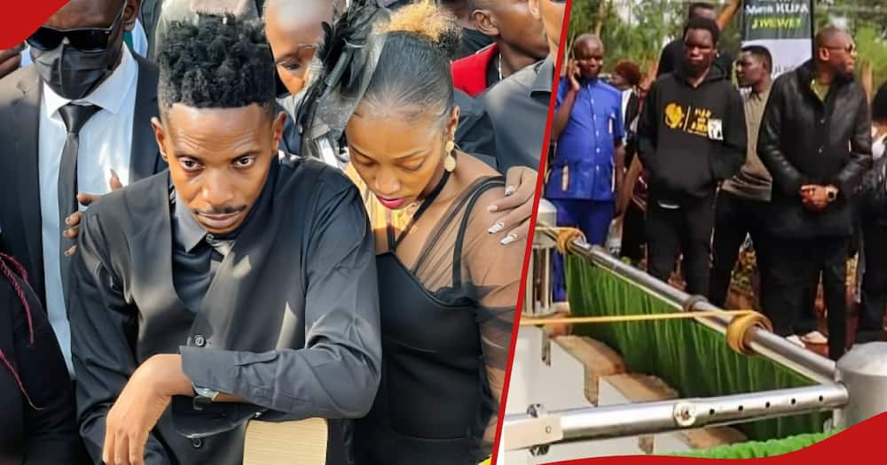 Eric Omondi (l) is comforted by his lover Lynne during Fred's burial, friends of Fred (r) standing next to his grave.