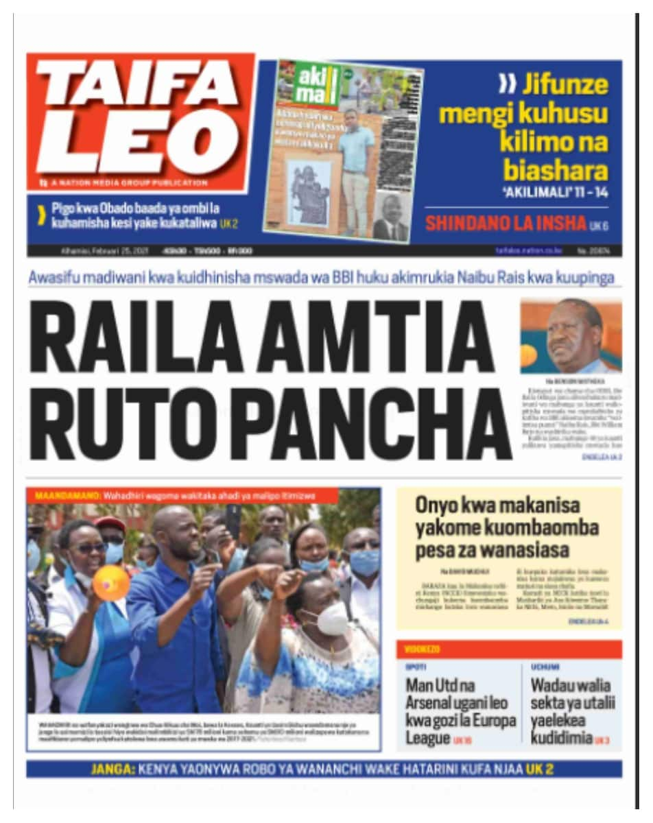 Magazeti ya Alhamisi, Februari 25: Raila adokezea kuwania urais 2022