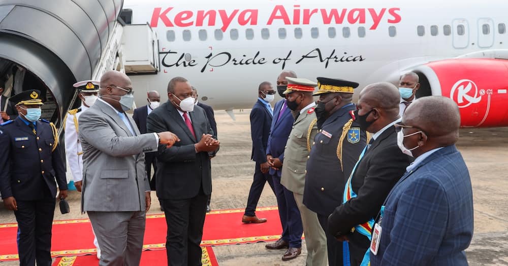 The Kenya Airways aeroplane carrying the president and his entourage touched down at N'djili International Airport in Kinshasa, shortly after 3.30pm. Photo: State House Kenya.