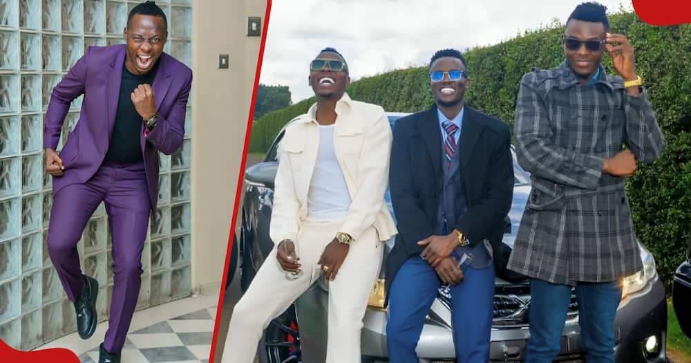 Oga Obinna is elated as he poses for a photo (left). Oga Obinna and his manager and PA pose for a photo after he gifts them their cars (right).