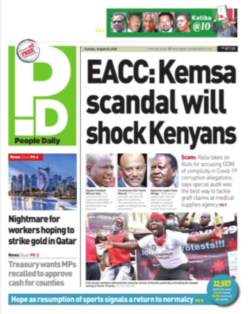 Kenyan newspapers review for Tuesday August 25: William Ruto unleashes new political card against Uhuru, Raila