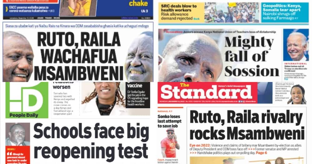 Kenyan newspapers review for December 16: Chaotic Msambweni mini poll dead ends Raila's dominance, Ruto man Feisal emerges winner