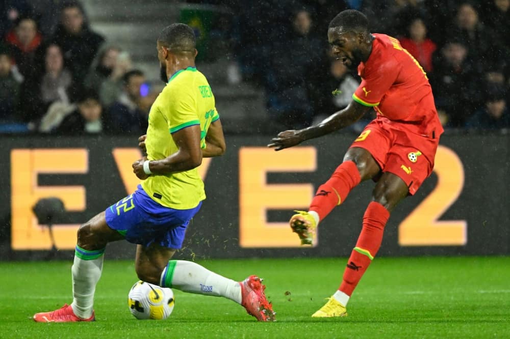 Spanish-born forward Inaki Williams (R) made his Ghana debut in the second half of a 3-0 loss against Brazil