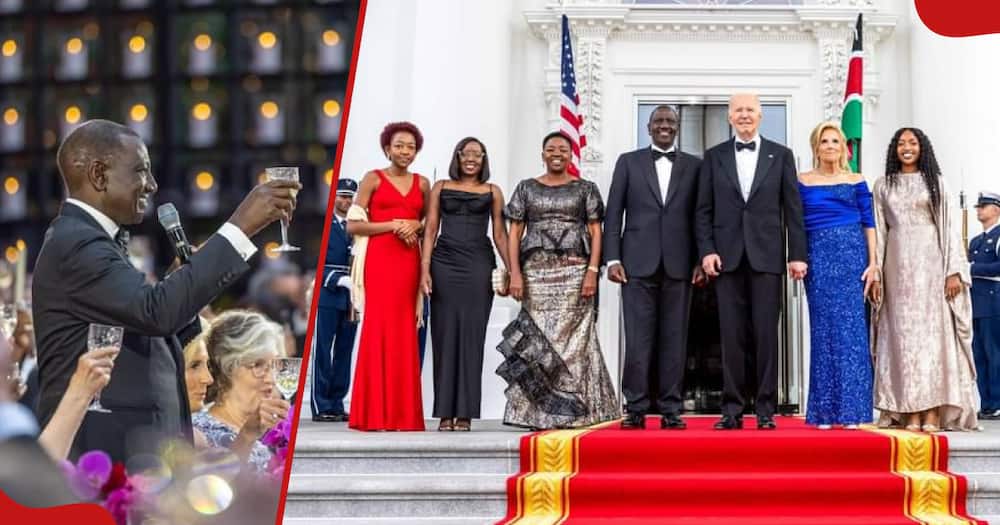 William Ruto holding a glass (left.) Ruto his wife Rachel Ruto and their daughters joined Joe Biden and his wife Jill at the White House for dinner (right)