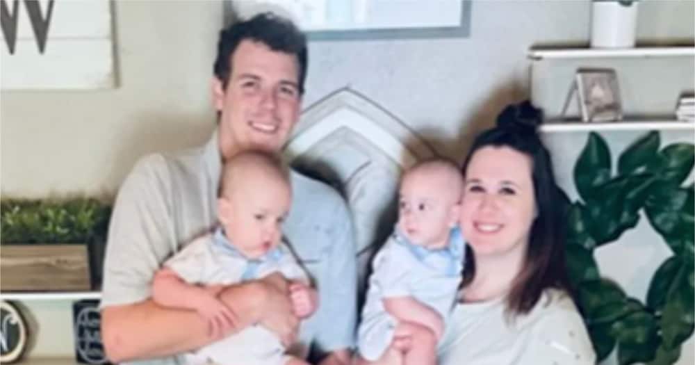 Cara Winhold with her husband and twin babies.
