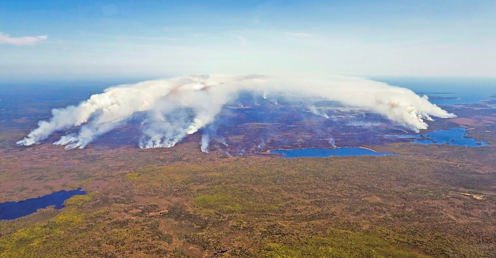 This aerial image, courtesy of the Nova Scotia Government in Canada, shows the magnitude of the fire in Shelburne County on May 31, 2023