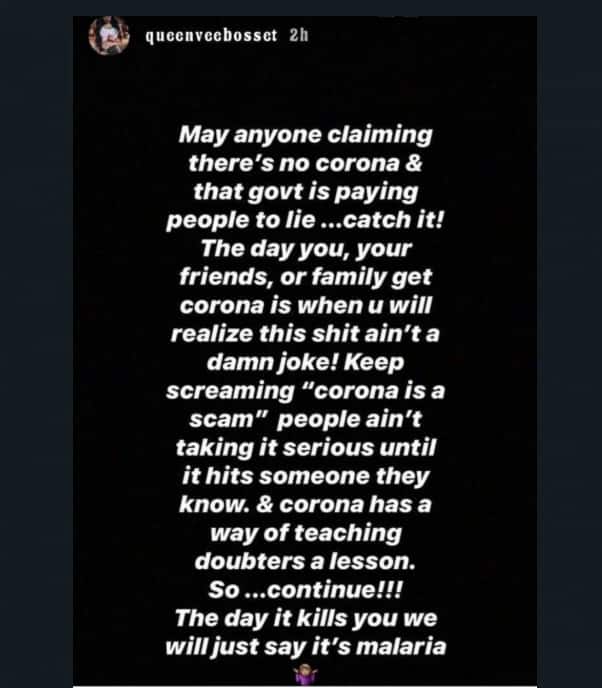 Vera Sidika lashes out at Kenyans terming COVID-19 as scam: "May you get it"