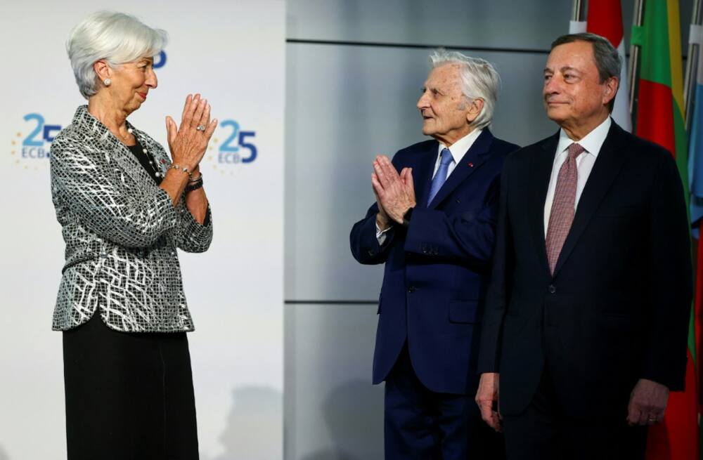 ECB President Christine Lagarde, left, welcomes her predecessors Jean-Claude Trichet and Mario Draghi for the 25th anniversary celebrations on Wednesday