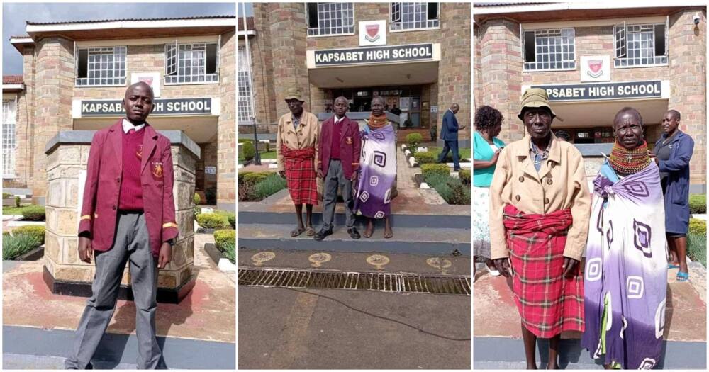 Elderly parents send their son to school.