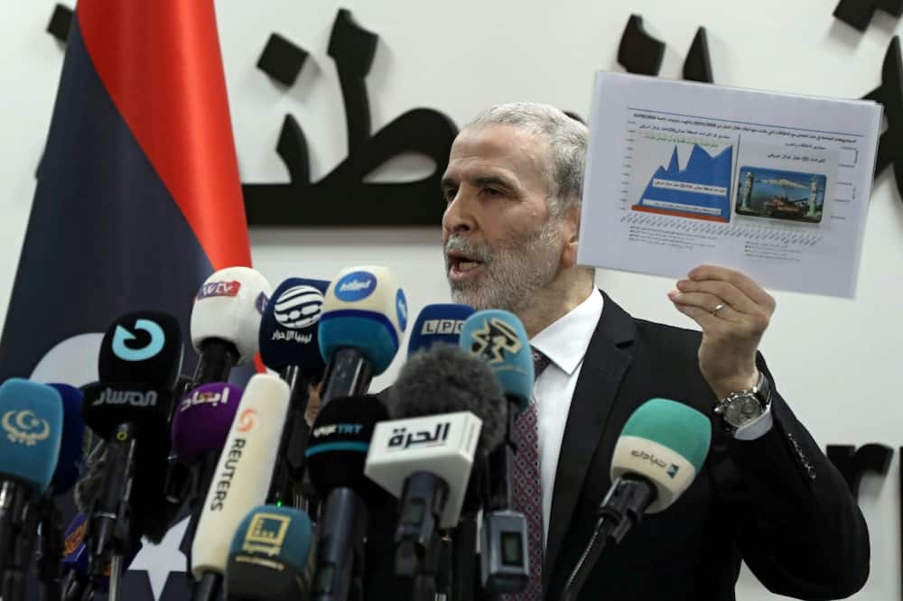 Mustafa Sanalla, shown during a press conference on January 19, 2022, says Libya's National Oil Corporation is a technical and apolitical entity