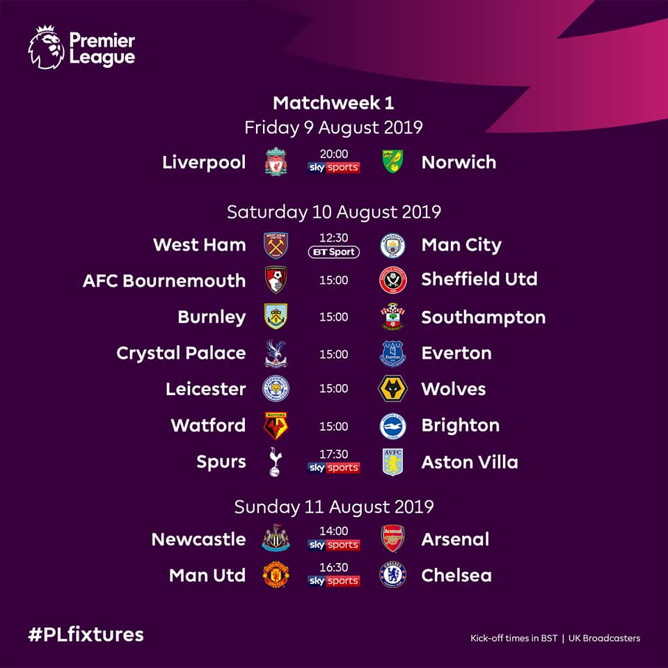 English Premier League Fixtures For 20192020