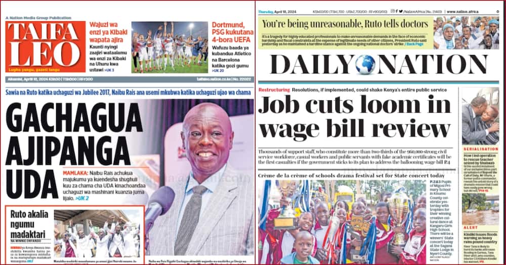 Front headlines of Taifa Leo and Daily Nation newspapers.
