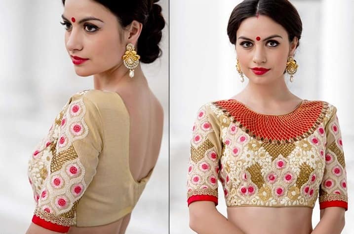 Two-Toned Blouse In Raw Silk With Plunging Neckline  Fashionable saree  blouse designs, Saree blouse designs latest, Unique blouse designs