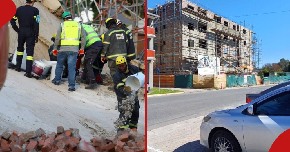 Collage of rescue team (l) and a building that collapsed in South Africa (r)