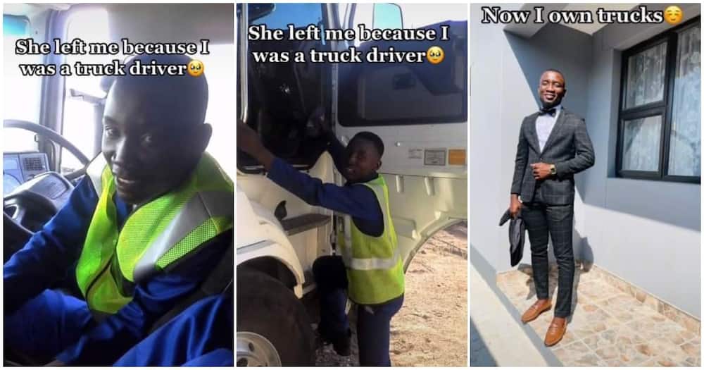 Man dumped by lady for driving trucks, truck driver, owner of trucks, man celebrates owning trucks