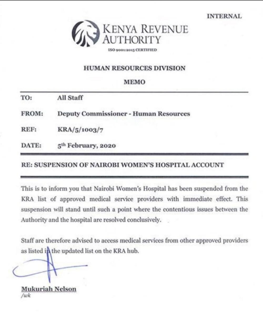 KRA suspends Nairobi Women's Hospital from its list of service providers